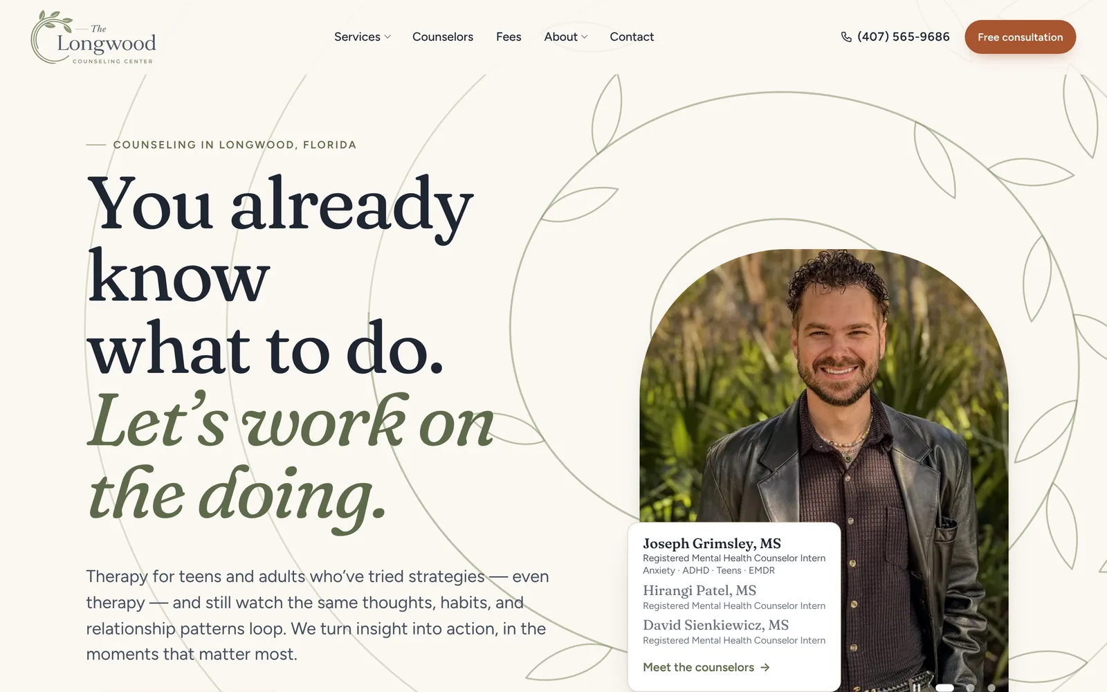 Home page of The Longwood Counseling Center, built by the studio